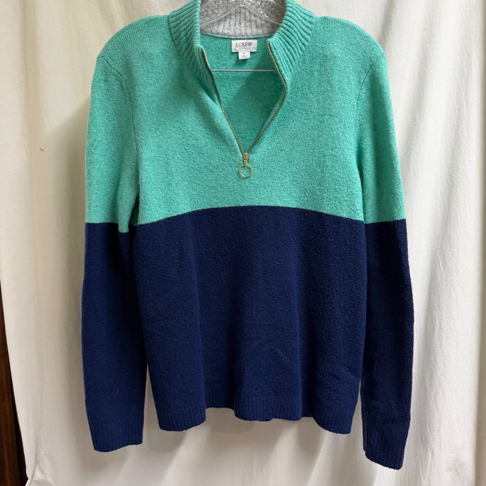 J.Crew Womens Mint Navy Colorblock Quarter Zip Wool Blend Sweater Small Classic